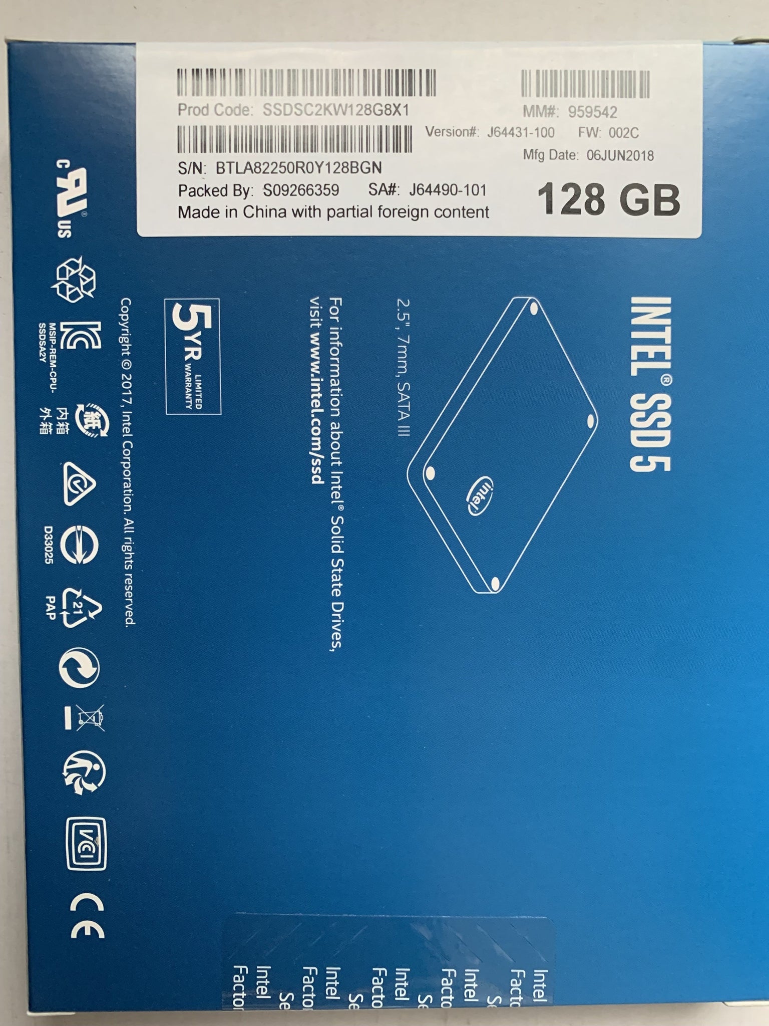 Intel® SSD 545s Series 128GB, 2.5in SATA 6Gb/s, 3D2, NAND TLC,,7.0